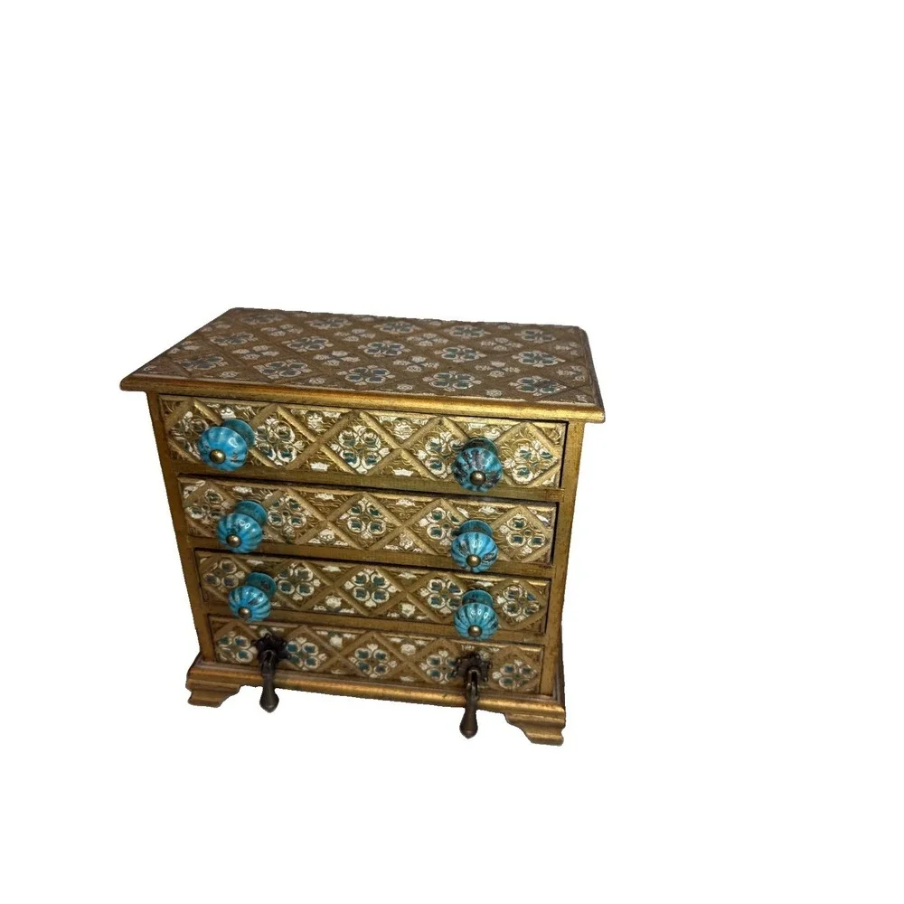 VTG Florentine Style Wooden Jewelry chest 4 Drawer Design Estate Ceramic Knobs